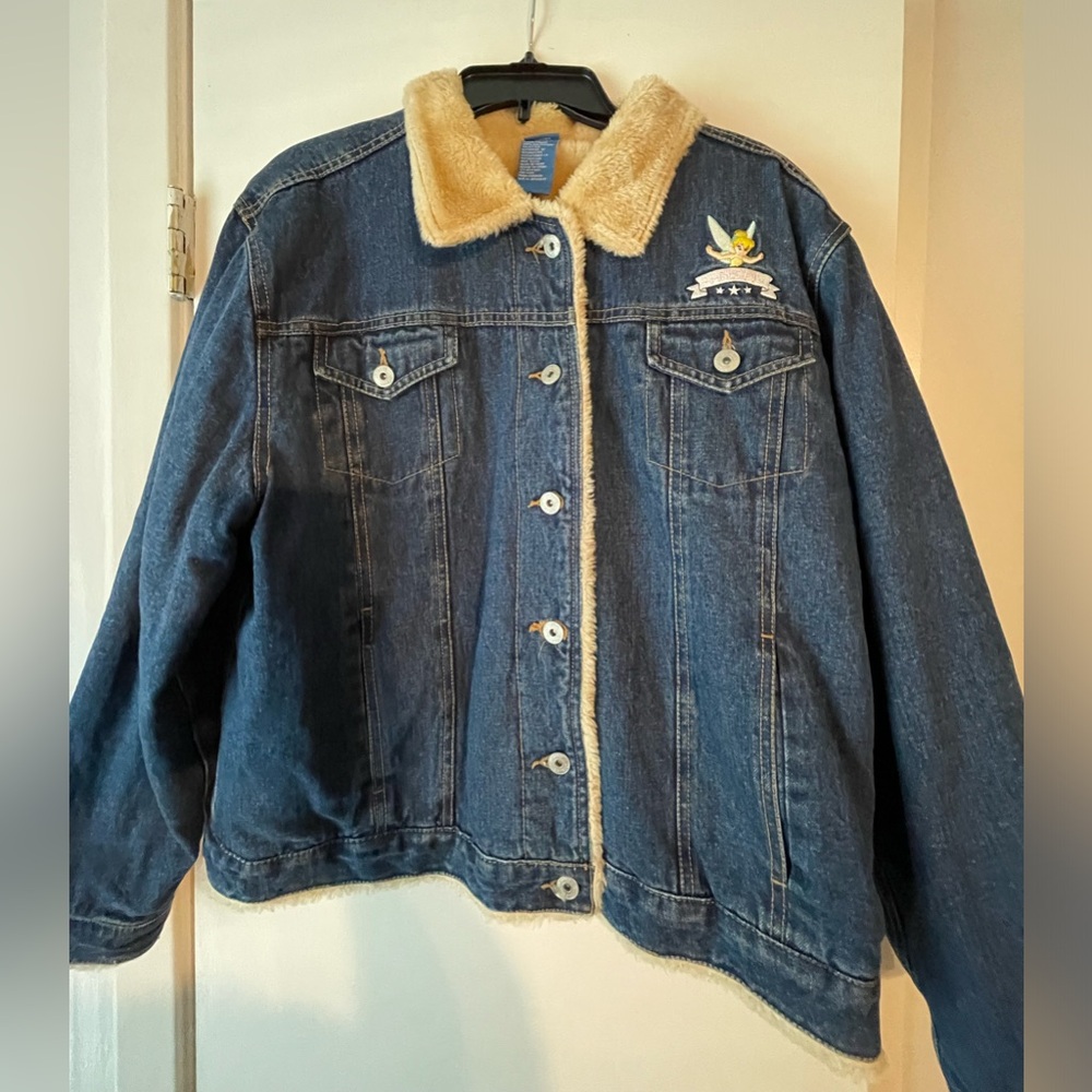 Y2K Disney Tinkerbell Feisty Fairy Sherpa Lined Jean Biker Jacket Women XL